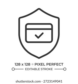 Ícone de linha perfeita de pixel de pagamento seguro. Violação de dados, cartão de crédito. Operações financeiras. Proteção de compra. Ilustração isolada de vetor. Símbolo de estrutura de tópicos. Desenho linear simples. Traçado editável