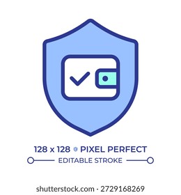 Píxel de pago seguro icono de color de línea perfecta. Seguridad financiera, billetera digital. Transacción monetaria, protección de datos. Ilustración vectorial aislada. Diseño de símbolo colorido plano. Trazo editable
