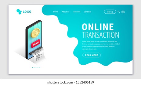Secure payment protection isometric banner concept. Online safe mobile transfer 3d template with smartphone ATM, gold coin, shield. Internet banking sending money security vector illustration