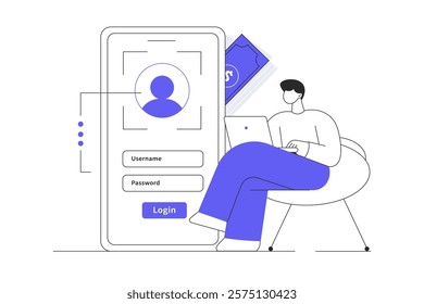 Secure payment, protection personal financial data. Man manages finances and access to account in application. Flat Cartoon Vector Illustration, icon. Stylish abstract 