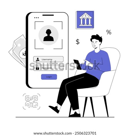 Secure payment, protection personal financial data. Man manages finances and access to account in application. Vector illustration with line people for web design.	
