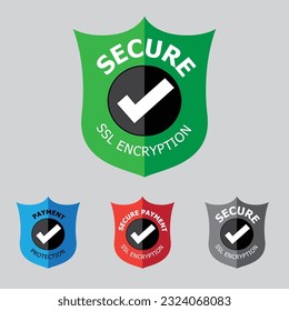 Secure Payment Shield with tick mark icon, emblom, symbol, sign, badge, logo, isolated flat vector illustration.