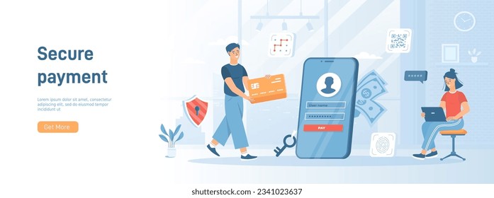Sistema de pago seguro. Seguridad y protección de datos confidencial. Autenticación y verificación. Concepto plano para material promocional en medios sociales. Banner del sitio web sobre fondo blanco.