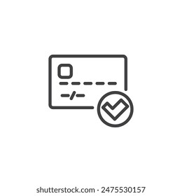 Icono de línea de transacción de pago seguro. signo de estilo lineal para concepto y Diseño web móvil. Tarjeta de crédito con un Vector de marca de verificación. Símbolo, ilustración del logotipo. Vector gráfico