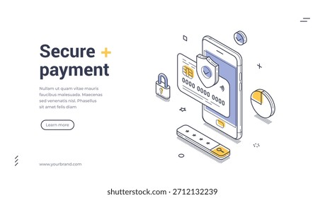 Anuncio de Web de pago seguro. Plantilla isométrica para banca móvil. Ilustración vectorial con smartphone, tarjeta de crédito y escudo para protección y seguridad de datos financieros