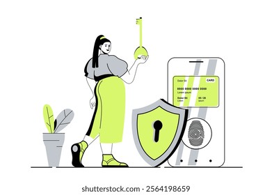 Secure payment web concept with flat cartoon people for website design. Woman paying for purchases with credit card and protection service with fingerprint scan and personal key. Vector illustration.