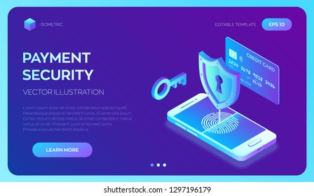 Secure payments. Data protection concept. Personal data protection. Credit card check and software access data as confidential. 3d isometric flat design. Vector illustration.