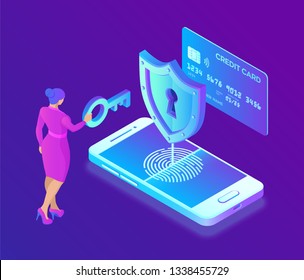 Secure payments. Data protection concept. Personal data protection. Credit card check and software access data as confidential. User female character. 3d isometric flat design. Vector illustration.