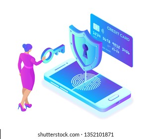 Secure payments. Data protection concept. Personal data protection. Credit card check and software access data as confidential. User woman character. 3d isometric flat design. Vector illustration.