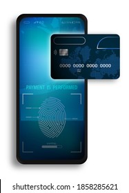 pagos seguros en línea con smartphone en tienda online. Pago por Internet a través de teléfono móvil con tarjeta de crédito. Análisis de datos de tarjetas bancarias. Concepto de identificación de huellas digitales. Vector