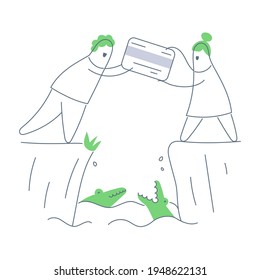 Secure Payments, Transferring Credit Card Over The Moat With Crocodiles. Flat Thin Line Vector Illustration On White.