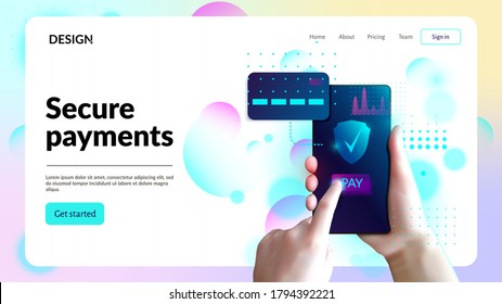 Secure payments web site template. Landing page header. Internet banking concept. Online payment security transaction. Hand holding smart phone with buy button on the screen. Secure wireless pay.