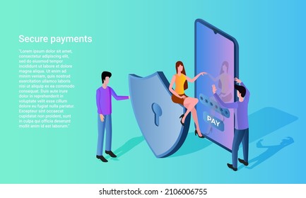 Secure payments.People use a secure app on their smartphone to securely transfer funds.A business-style poster.Flat vector illustration.