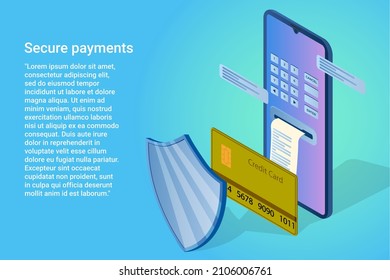 Secure payments.Smartphone with a payment application,credit card and coins.The concept of fast and secure payments.A business-style poster.Flat vector illustration.