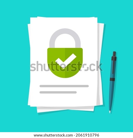 Secure permission corporate document or confidential private locked access to information file vector flat cartoon illustration, concept of data info safety protection access, nda non disclosure doc