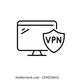 Secure and private VPN connection on a desktop computer. Pixel perfect, editable stroke line icon