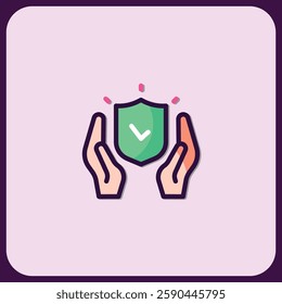 Secure Protection Concept Icon: Hands safeguarding a verified shield