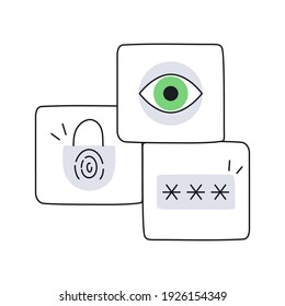 Secure, protection, and data verification icon set. Fingerprint scanner, password, eye-tracking system. Flat thin line vector illustration on white.