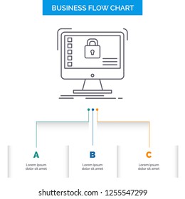 secure, protection, safe, system, data Business Flow Chart Design with 3 Steps. Line Icon For Presentation Background Template Place for text