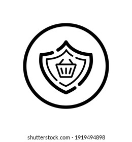 Secure purchase. Security shield and shopping basket. Commerce outline icon in a circle. Vector illustration