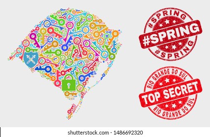 Secure Rio Grande do Sul State map and watermarks. Red rounded Top Secret and #Spring textured watermarks. Colorful Rio Grande do Sul State map mosaic of different safeguard icons.