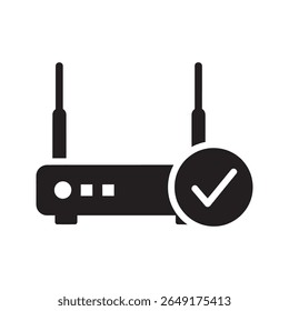 Secure router connection icon with a checkmark for approved wifi internet An icon for a verified wireless network access point and safe online technology