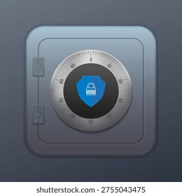 Secure safe with combination dial and shield badge, symbolizing safety and protection of valuable possessions. Vector illustration.