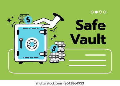 Secure safe deposit box illustration, featuring coin stacks representing financial security, wealth, and savings. Clean, modern, simple color palette. Perfect for banking, investment, and financial