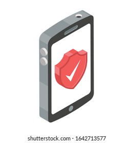 Secure safety shield inside mobile screen, isometric icon of security app 