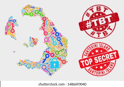 Secure Santorini Island map and seal stamps. Red round Top Secret and #Tbt scratched seal stamps. Colored Santorini Island map mosaic of different protection items.