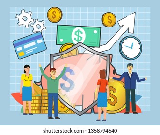 Secure savings, deposit, banking. People stand near big shield covering money, cash, piggy bank. Poster for presentation, web page, banner, social media. Flat design vector illustration