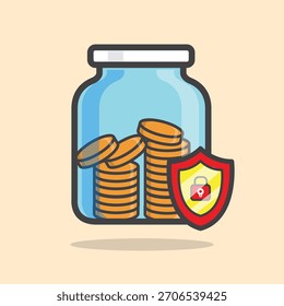Princípios básicos de economia segura. Garrafa, moedas, escudo e cadeado simbolizando proteção e segurança financeira