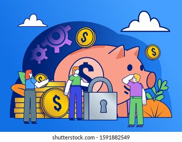 Secure savings, income, deposit under protection. People stand near big piggy bank, lock. Poster for social media, web page, banner, presentation. Flat design vector illustration