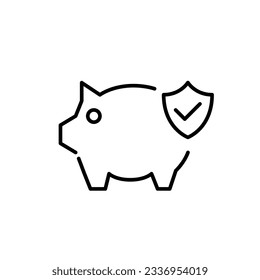 Secure savings. Piggy bank with shield and tick sign. Pixel perfect, editable stroke