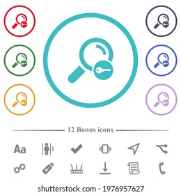 Secure search flat color icons in circle shape outlines. 12 bonus icons included.