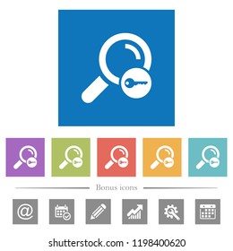 Secure search flat white icons in square backgrounds. 6 bonus icons included.