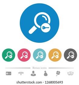 Secure search flat white icons on round color backgrounds. 6 bonus icons included.