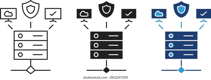 Secure Server Icons Set. Editable Stroke Outline, Solid and Flat Color Vector Icons for Database Security, Cloud Protection and Data Management