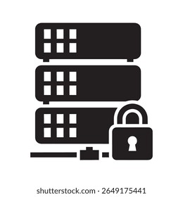 Secure server rack with a padlock for data protection A glyph icon of a network hosting system with a lock for secure technology and private storage access