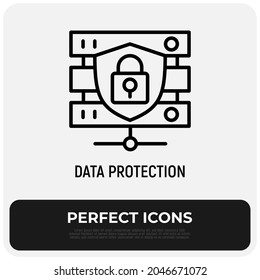 Secure servers thin line icon, database with shield. Modern vector illustration.