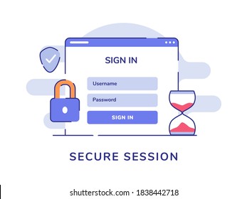 Secure session concept sign in user name password computer padlock shield white isolated background with flat style