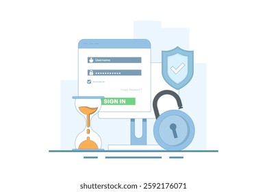 Secure session login username concept, password padlock, computer protection. data protection, log in to account, user authorization. login authentication page. flat vector illustration.