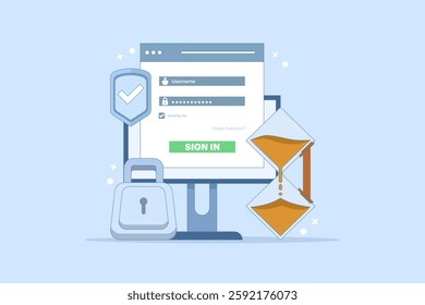 Secure session login username concept, password padlock, computer protection. data protection, log in to account, user authorization. login authentication page. flat vector illustration.