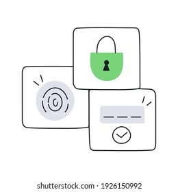 Conjunto seguro. Huellas digitales, candado bloqueado, iconos de verificación de tarjeta de crédito. Protección de la información, seguridad de las transacciones, protección de datos. Ilustración vectorial delgada de línea plana sobre blanco.