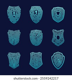 Secure shield fingerprint collection. Scan fingerprint, security or identification system based on thumb lines. Biometric data design. Futuristic technology. Vector illustration