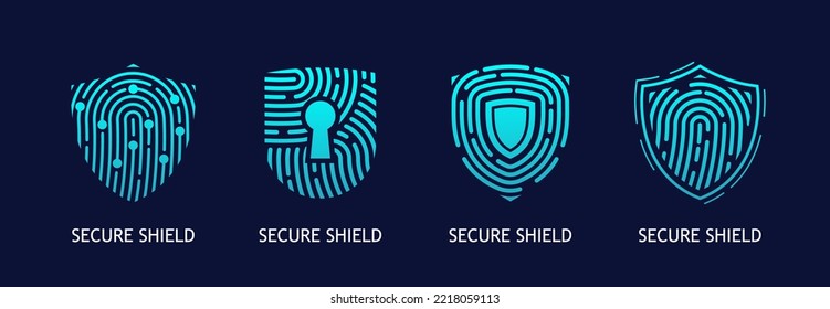 Secure shield, fingerprint and lock vector icons. Digital technologies of privacy, data protection, cyber security and network safety symbols with shields, thumbprint scan, padlock and keyhole