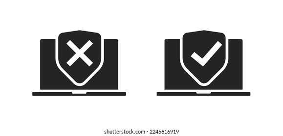 Secure shield icon cyber digital insurance electronic protection check symbol pictogram black white silhouette graphic ui clipart, laptop computer data cybersecurity antivirus guard protection status