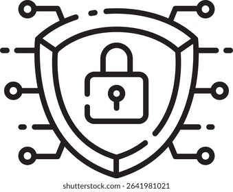 Secure shield icon with padlock and digital circuit in outline style, great for cybersecurity, privacy apps, or protected systems.