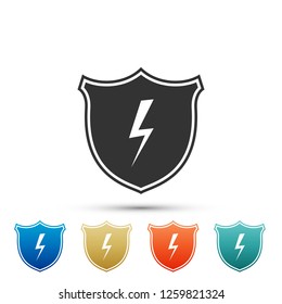 Secure shield with lightning icon isolated on white background. Set elements in colored icons. Flat design. Vector Illustration