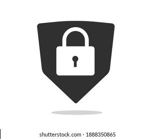 Secure shield lock shape silhouette as data protection icon pictogram vector sign illustration, safe privacy sign black and white monochrome design, protected internet access insignia